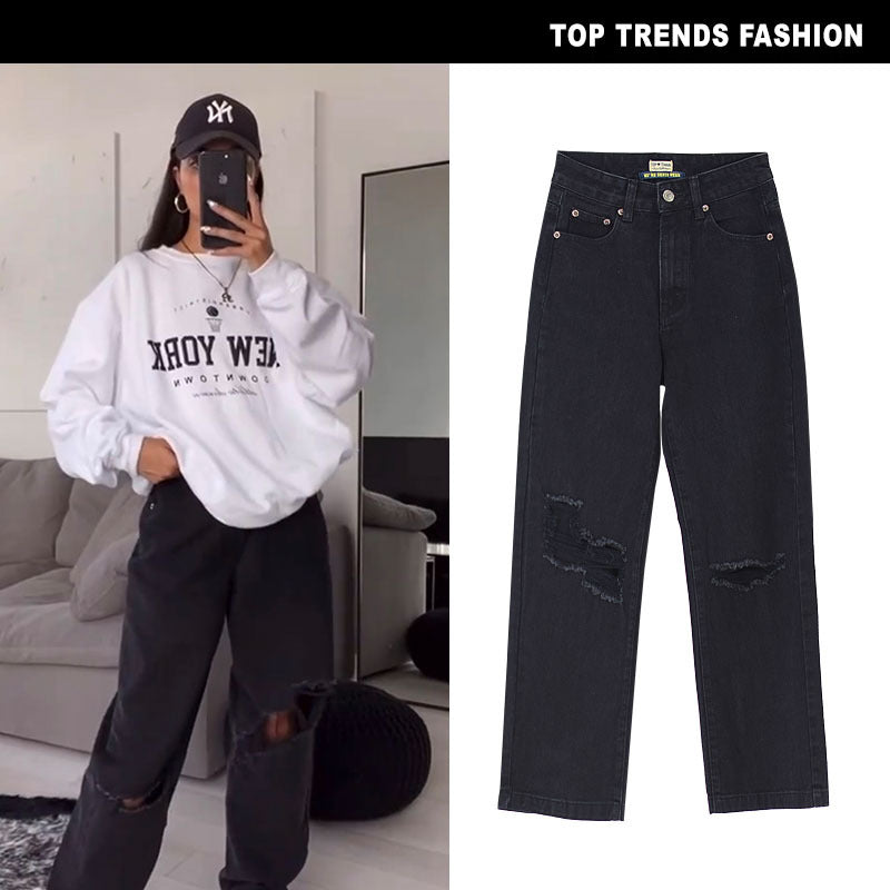 Women's High Waist Straight Cool Black Loose Denim Pants