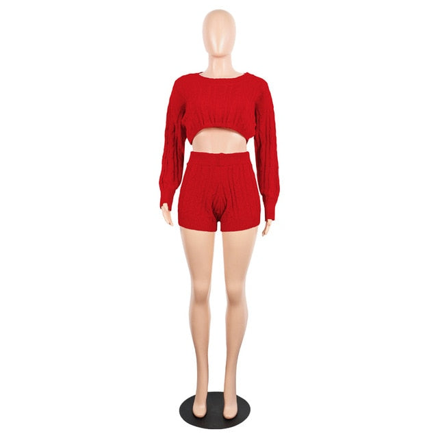 2 Two Piece Set Women Clothes Autumn Winter Outfits Long Sleeve Knit Sweater Tops+Bodycon Shorts Suit Sexy Matching Sets