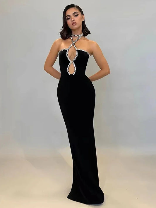 New Autumn Women's Black Strapless Luxury Diamond tight Long Bandage Dress Elegant Celebrity Party Evening Dress