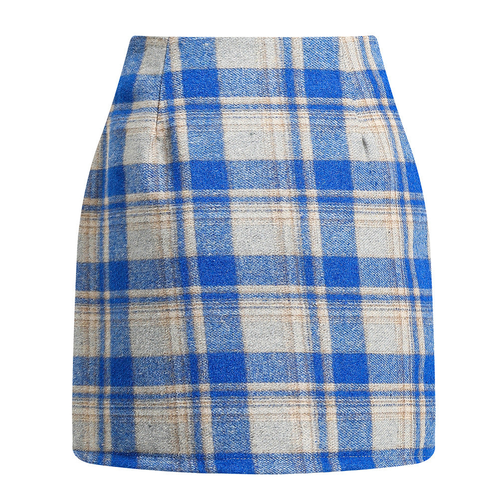 Women's high waisted plaid skirt tight pencil wool mini skirt