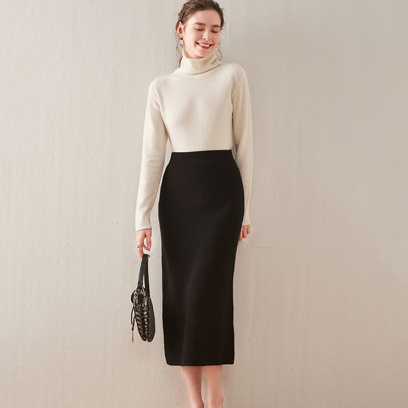 Knitted skirt for women with high waist and buttocks, pure wool knitted one-step skir cashmere mid length skirt