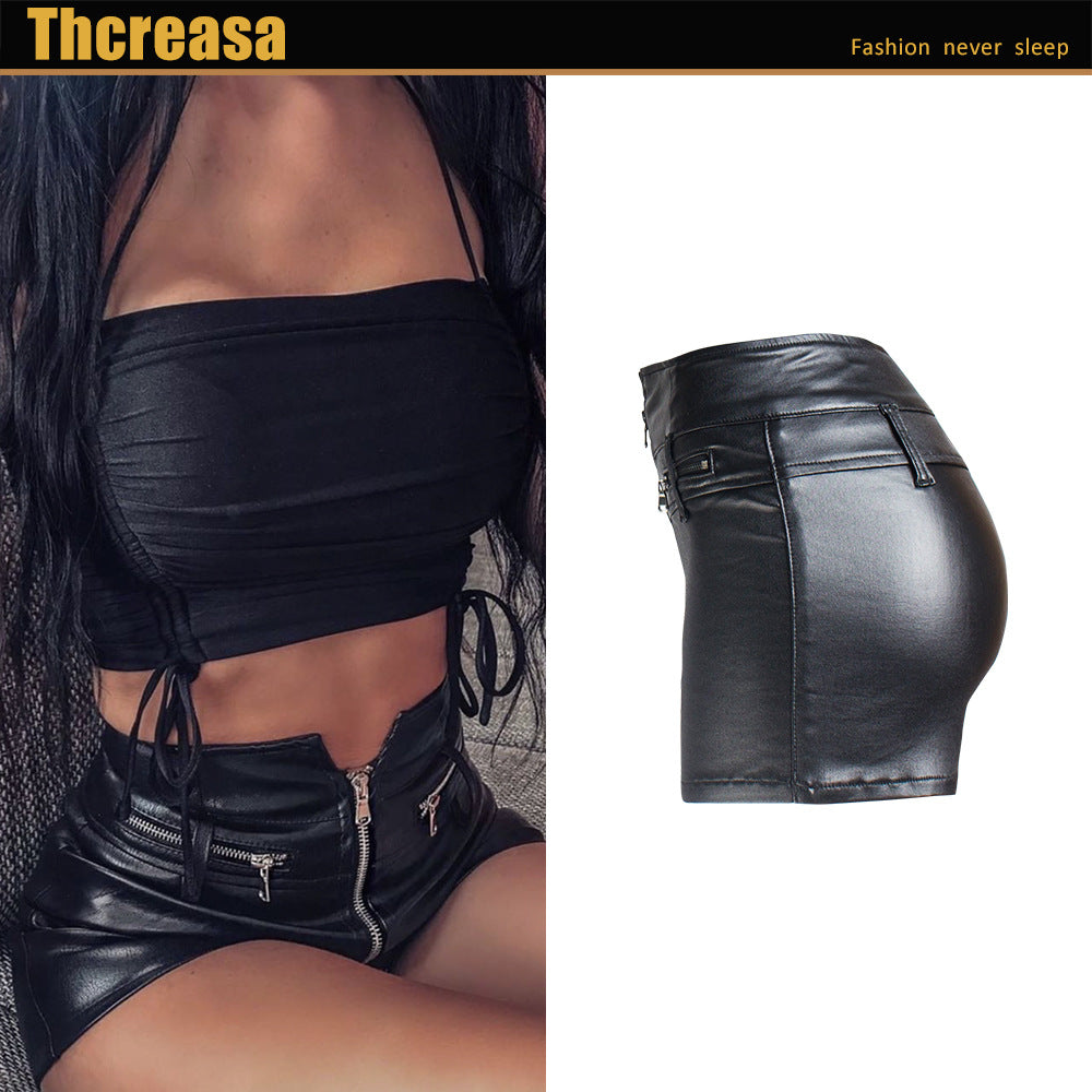 Leather Shorts High Waist Elastic Slim Fit Hip Lift Motorcycle PU Pants Women's Pants