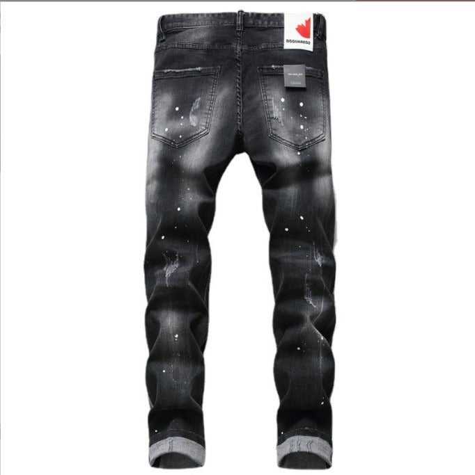 Black and gray paint with torn holes wild zipper decoration personalized new jeans for men