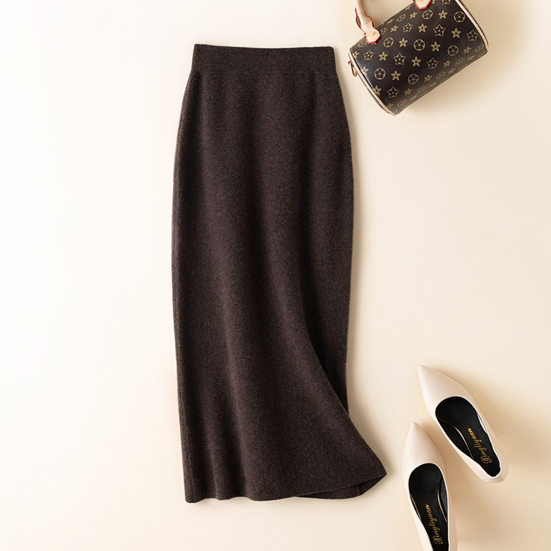 Knitted skirt for women with high waist and buttocks, pure wool knitted one-step skir cashmere mid length skirt