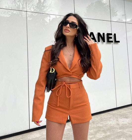 Spring New Women's Wear Pullover Long Sleeve Lapel Small Suit Tie Rope Sexy Shorts Set