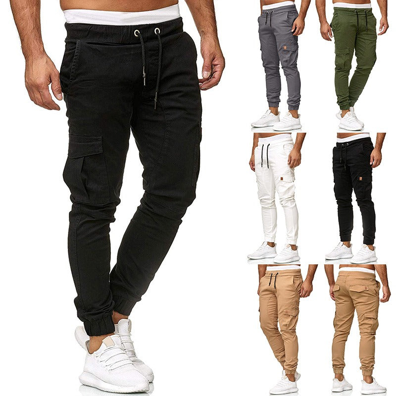 Casual pants men's multi pocket sports pants solid color running pants work pants