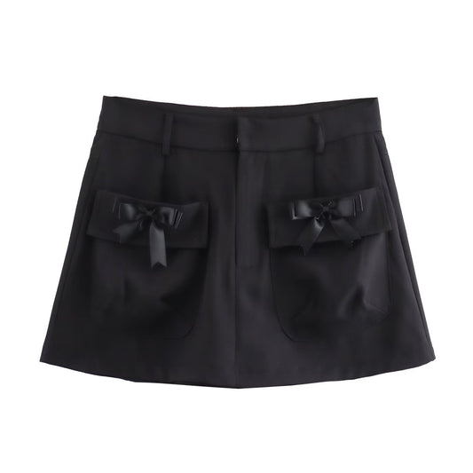 European and American fashion temperament high waist slimming black pocket double bow shorts for women