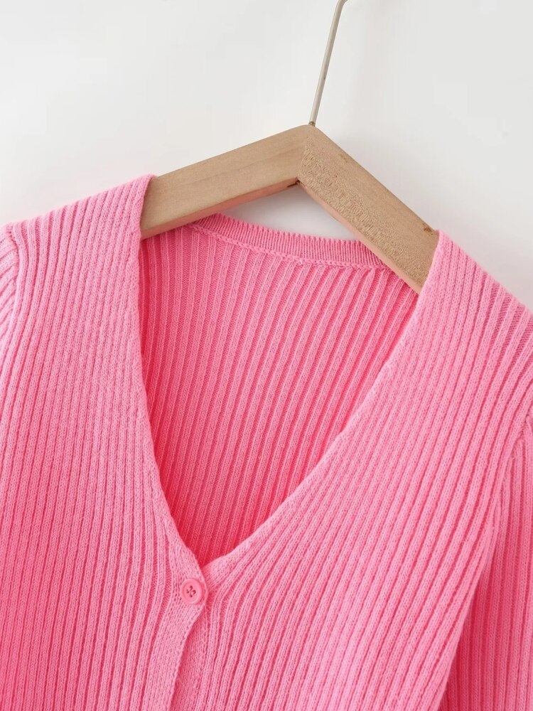 New Women's Pink Knitting V-Neck Long Sleeve Casual Slim Fit Short Sweater+Split Mini Skirt