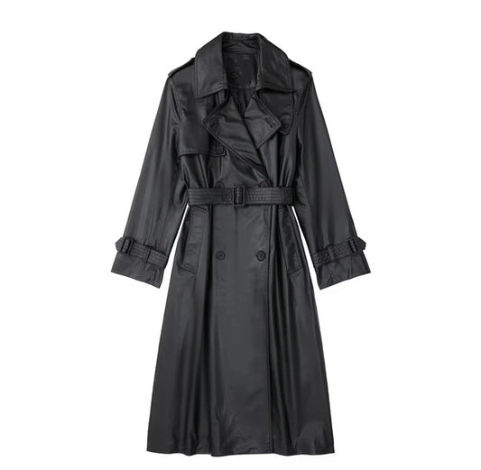 Autumn Winter Overcoat Women  Solid Color Belted Faux Leather Long Trench coat Female Outerwear