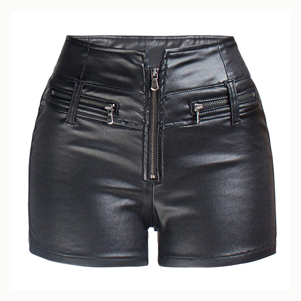 Leather Shorts High Waist Elastic Slim Fit Hip Lift Motorcycle PU Pants Women's Pants