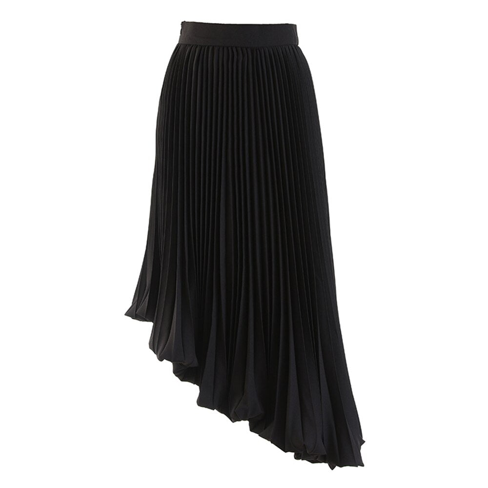 Red Ruched Skirt For Women High Waist A Line Irregular Hem Casual Designer Solid Midi Skirts Female Clothes Fashion