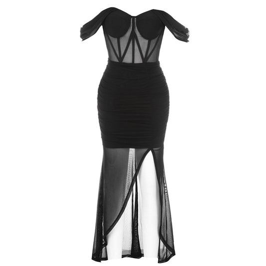 Black Mesh Patchwork Sexy Bodycon Dress For Women Elegant Sleeveless Strapless Split Evening Party Bandage Dresses Vestidos