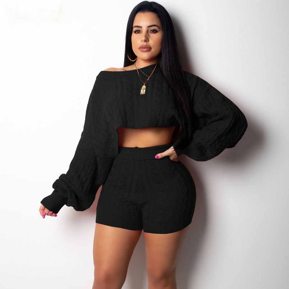 2 Two Piece Set Women Clothes Autumn Winter Outfits Long Sleeve Knit Sweater Tops+Bodycon Shorts Suit Sexy Matching Sets