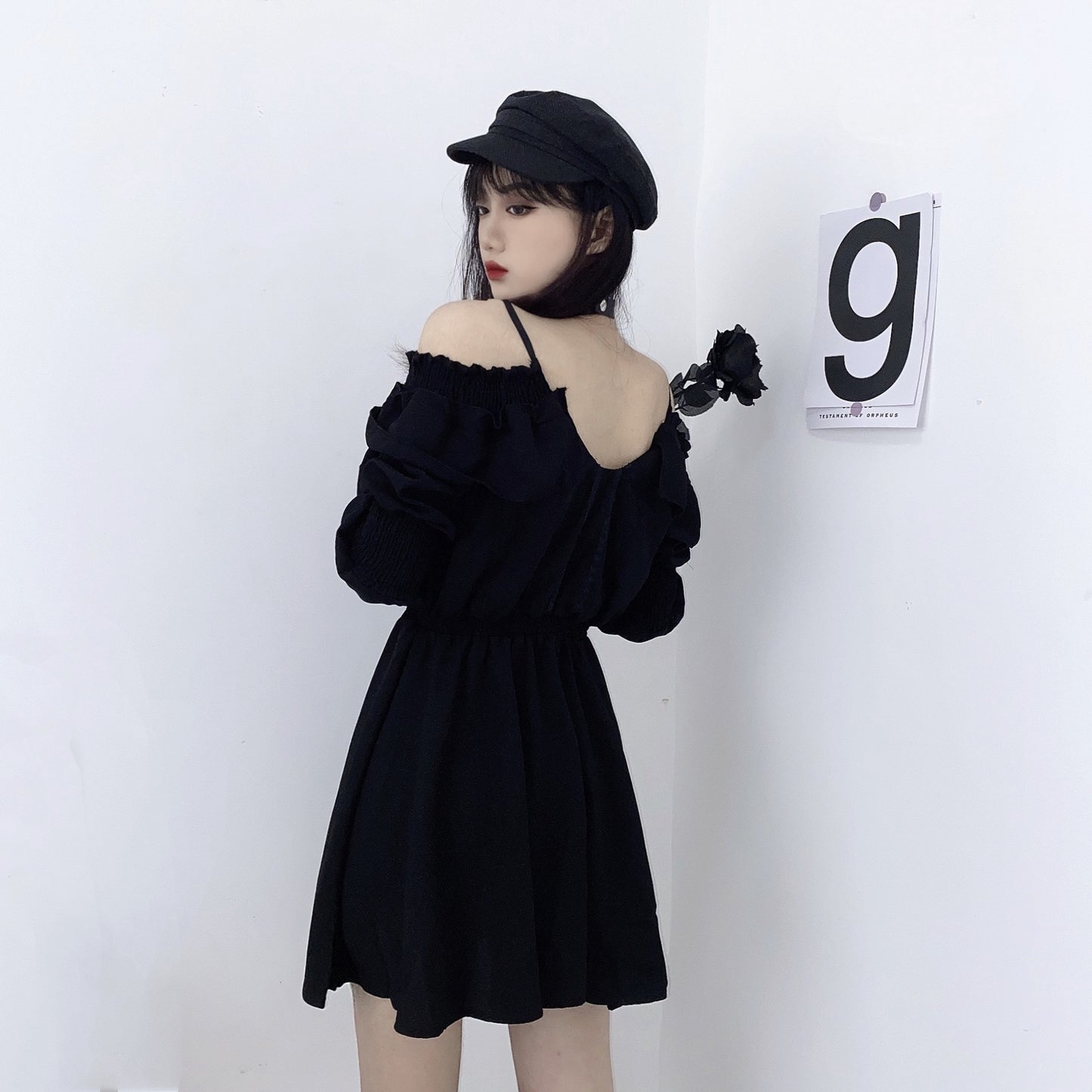 Lace-Up Dress Ins Dark Black Suspender Straps Off-Shoulder Waist Slim Hepburn Style Little Black Dress