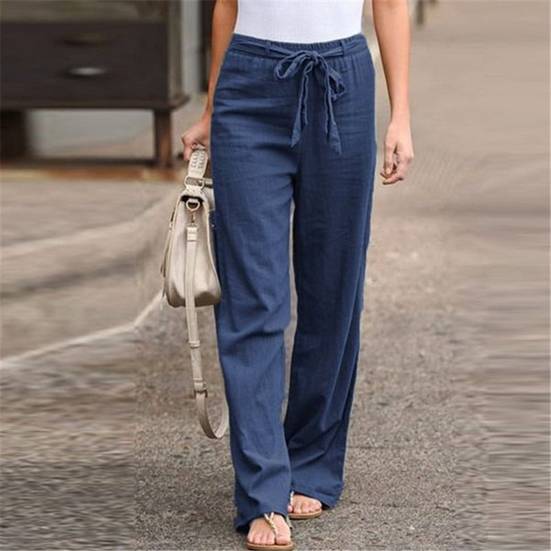 Summer Elastic Waist Solid Cotton Hemp Wide Leg Pants for Women