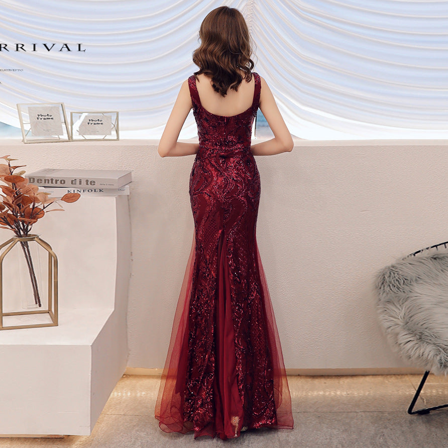 Toast Dress Red Bridal Fishtail Long Summer Dress Sequin Sling Evening Dress Banquet for Women