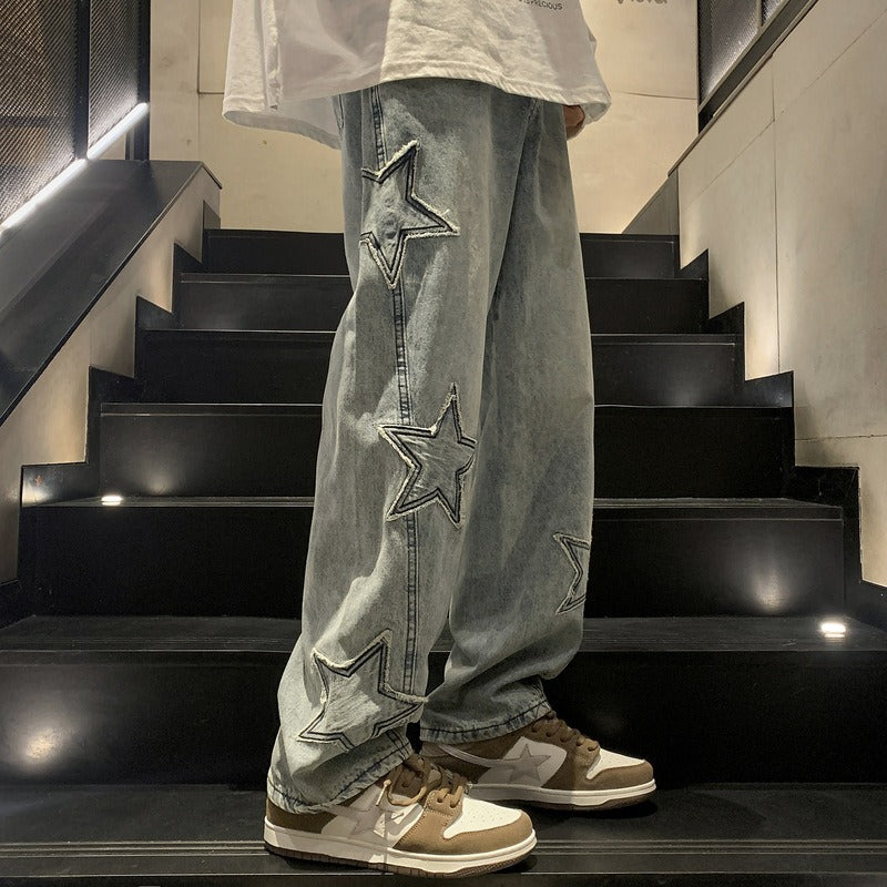 Straight denim trousers for men high-end wide-leg pants loose American high street vibe pants