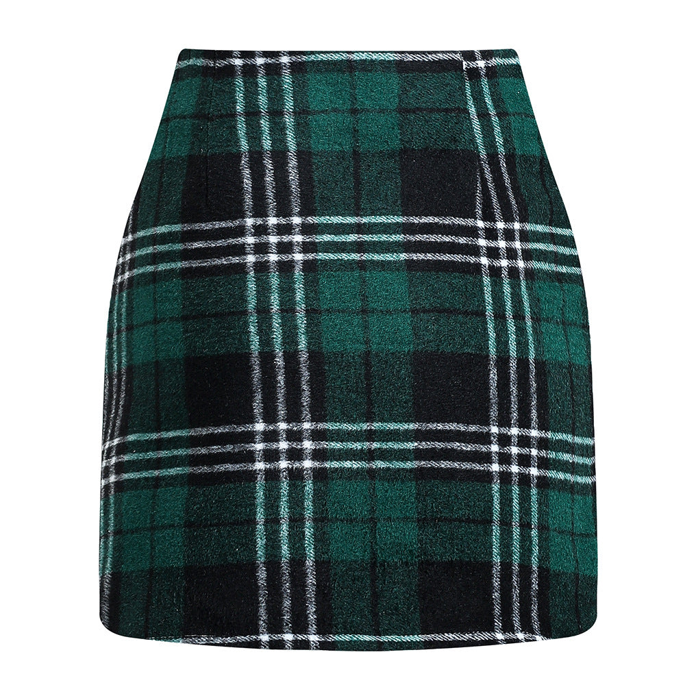 Women's high waisted plaid skirt tight pencil wool mini skirt