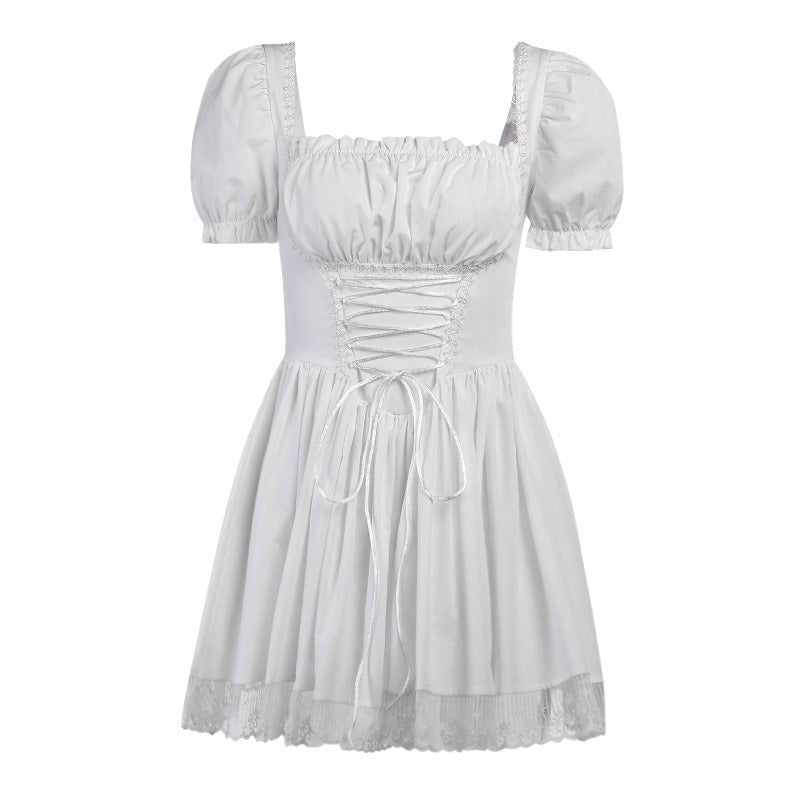 Pleated Sweet Bubble Sleeves Square Neck Dress