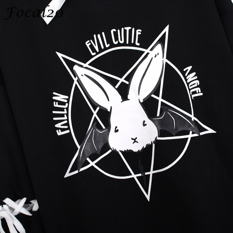 Harajuku Pentagram Print Lace Up Women Fleeces Hoodies Gothic Punk Oversize Velvet Hooded Sweatshirt Pullover Streetwear