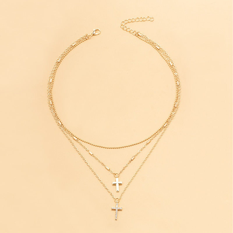 Full diamond cross pendant chain collarbone chain necklace with multiple layered layered necklace accessories