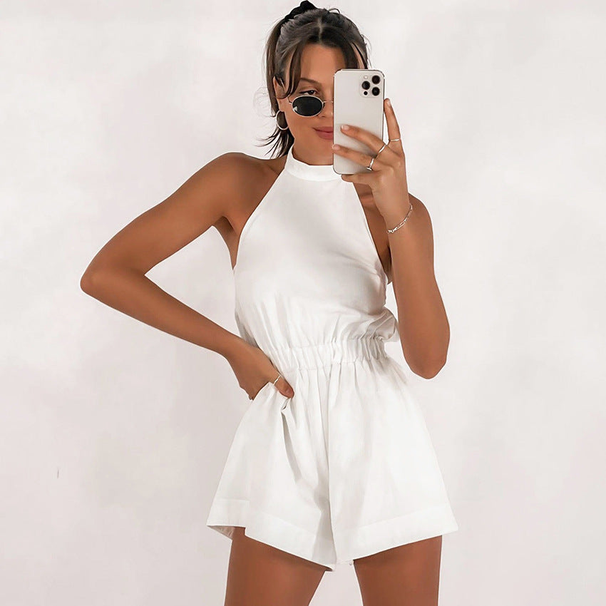 Fashion Casual White Jumpsuit Summer Halter Neck Sleeveless Halter Lace Up New Shorts Women's Clothing