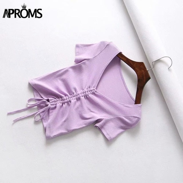 V Neck Cropped Tank Tops Women Drawstring Tie Up Front Camis Candy Colors Streetwear