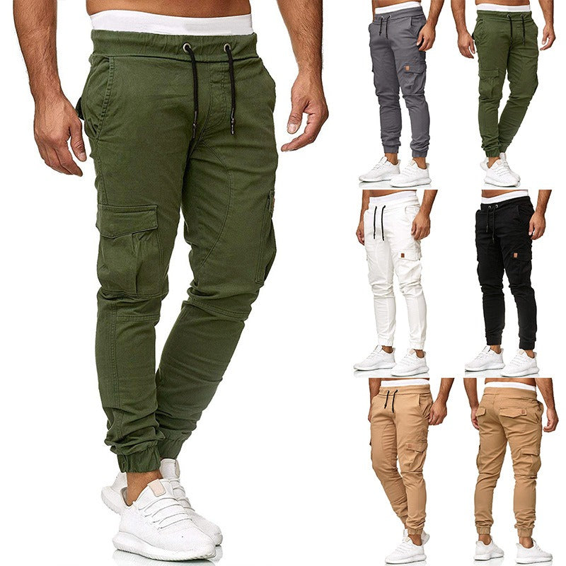 Casual pants men's multi pocket sports pants solid color running pants work pants