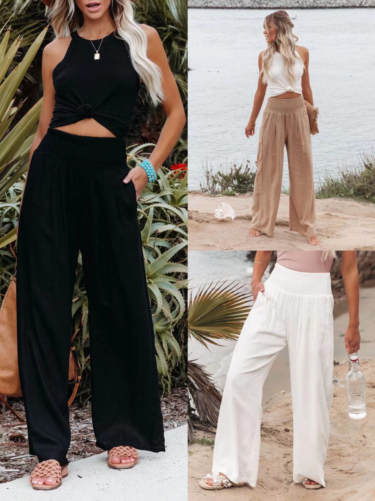 Spring/Summer Women's Cotton Linen Color Elastic Waist Wide Leg Pants Casual Pants Long Pants