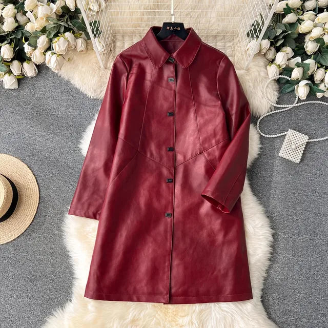 Leather Long Jacket Christmas Women Autumn Winter Long Sleeve High Street Female Outerwear Single Breasted Thick Cotton PU Coats