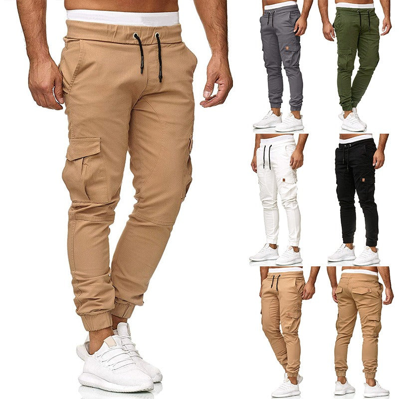 Casual pants men's multi pocket sports pants solid color running pants work pants