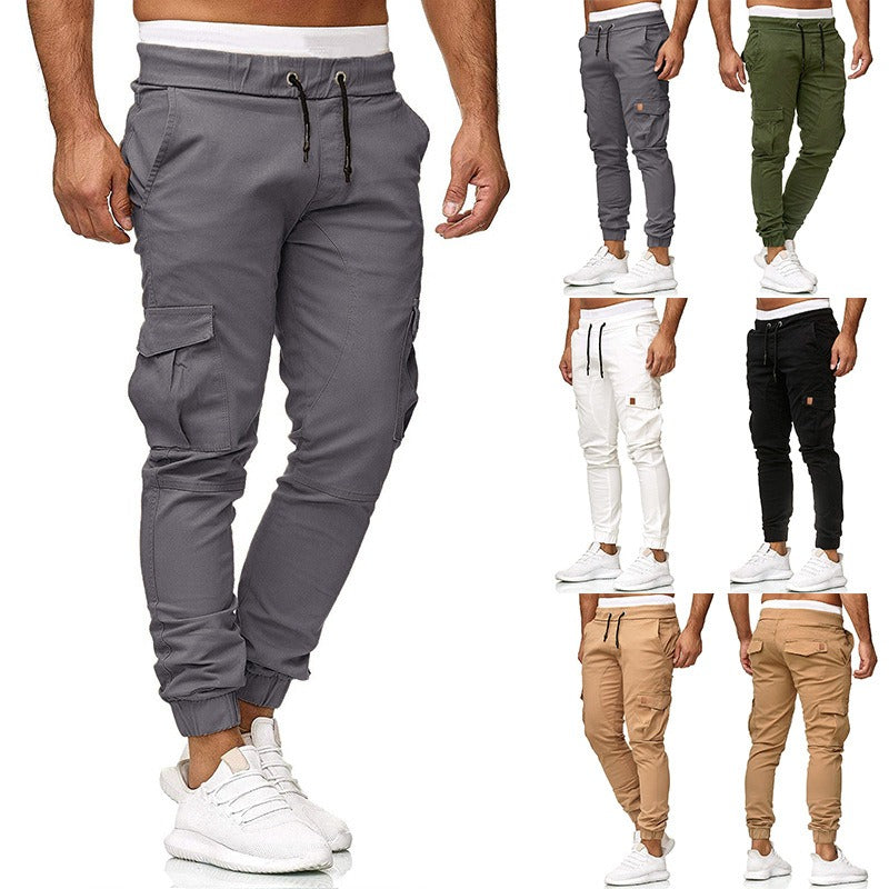 Casual pants men's multi pocket sports pants solid color running pants work pants