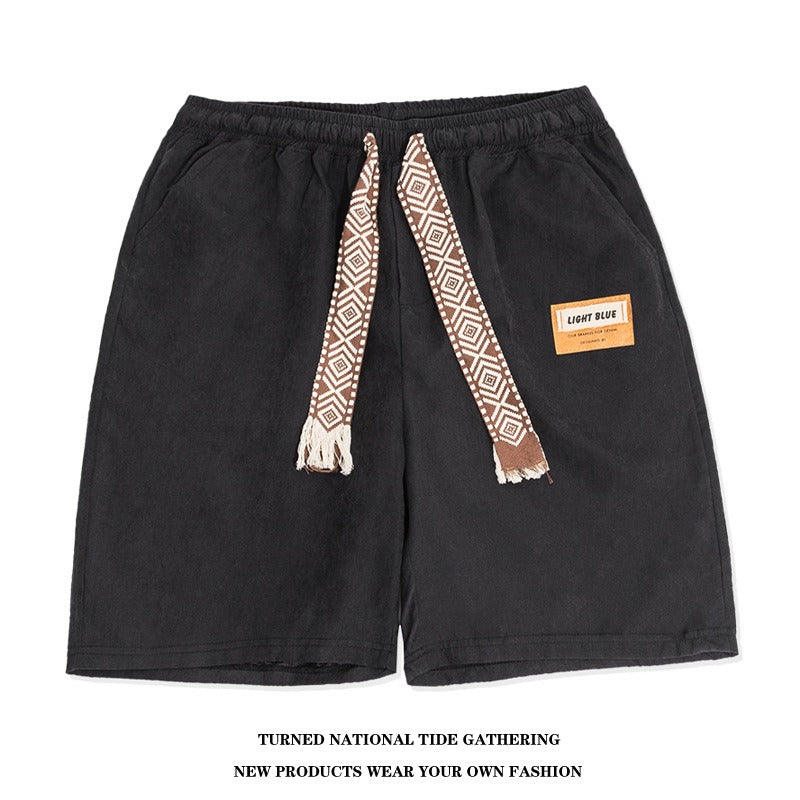 Retro shorts men's creative jacquard drawstring hip-hop straight leg pants