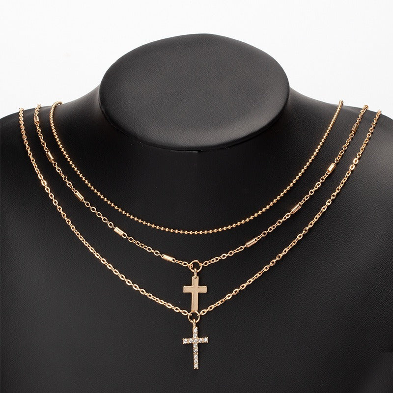 Full diamond cross pendant chain collarbone chain necklace with multiple layered layered necklace accessories