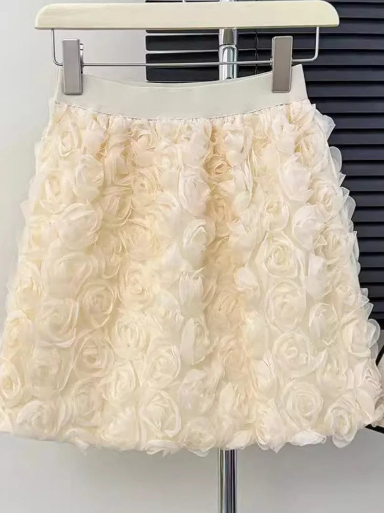 White high waisted three-dimensional rose decoration short skirt A-line hip hugging short skirt