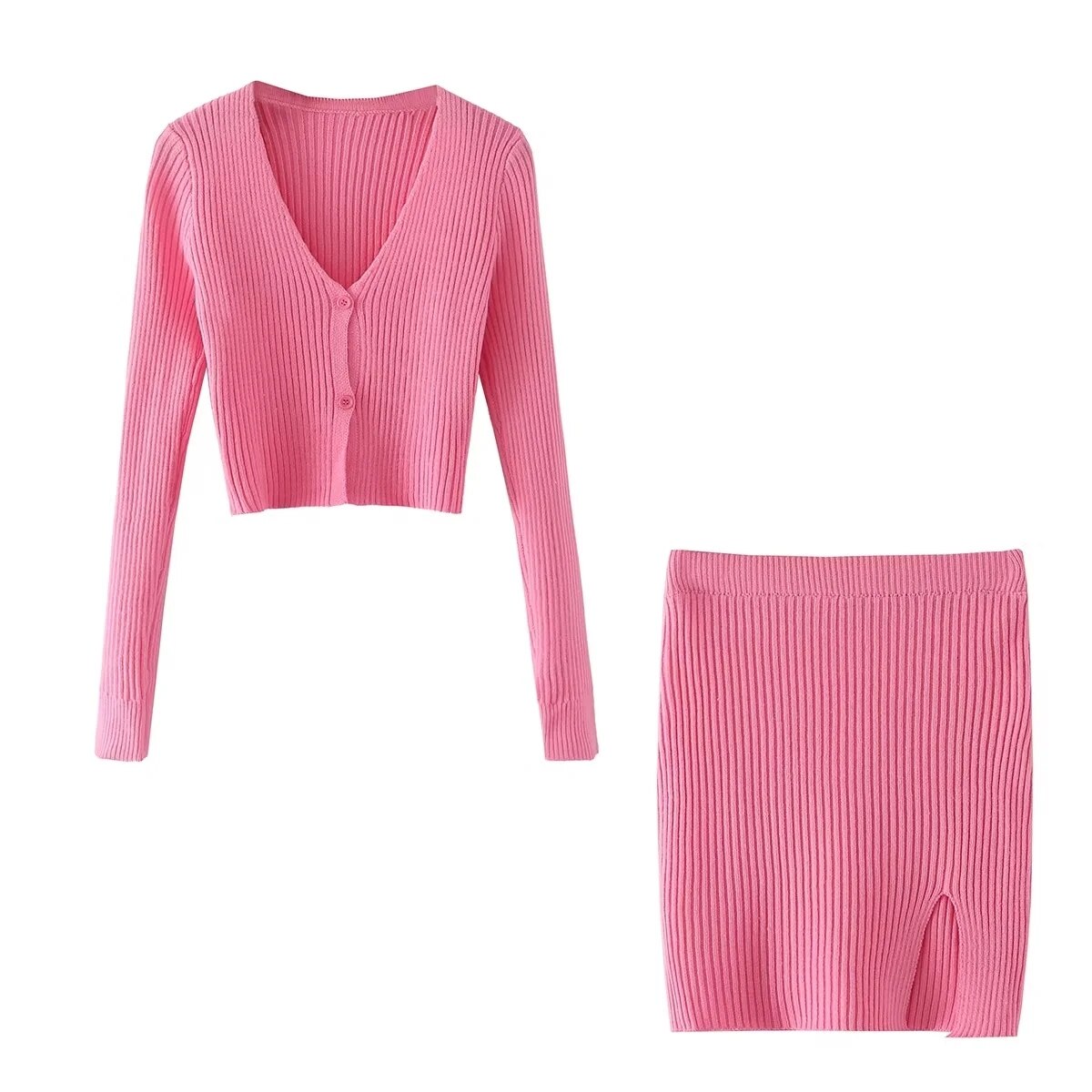 New Women's Pink Knitting V-Neck Long Sleeve Casual Slim Fit Short Sweater+Split Mini Skirt