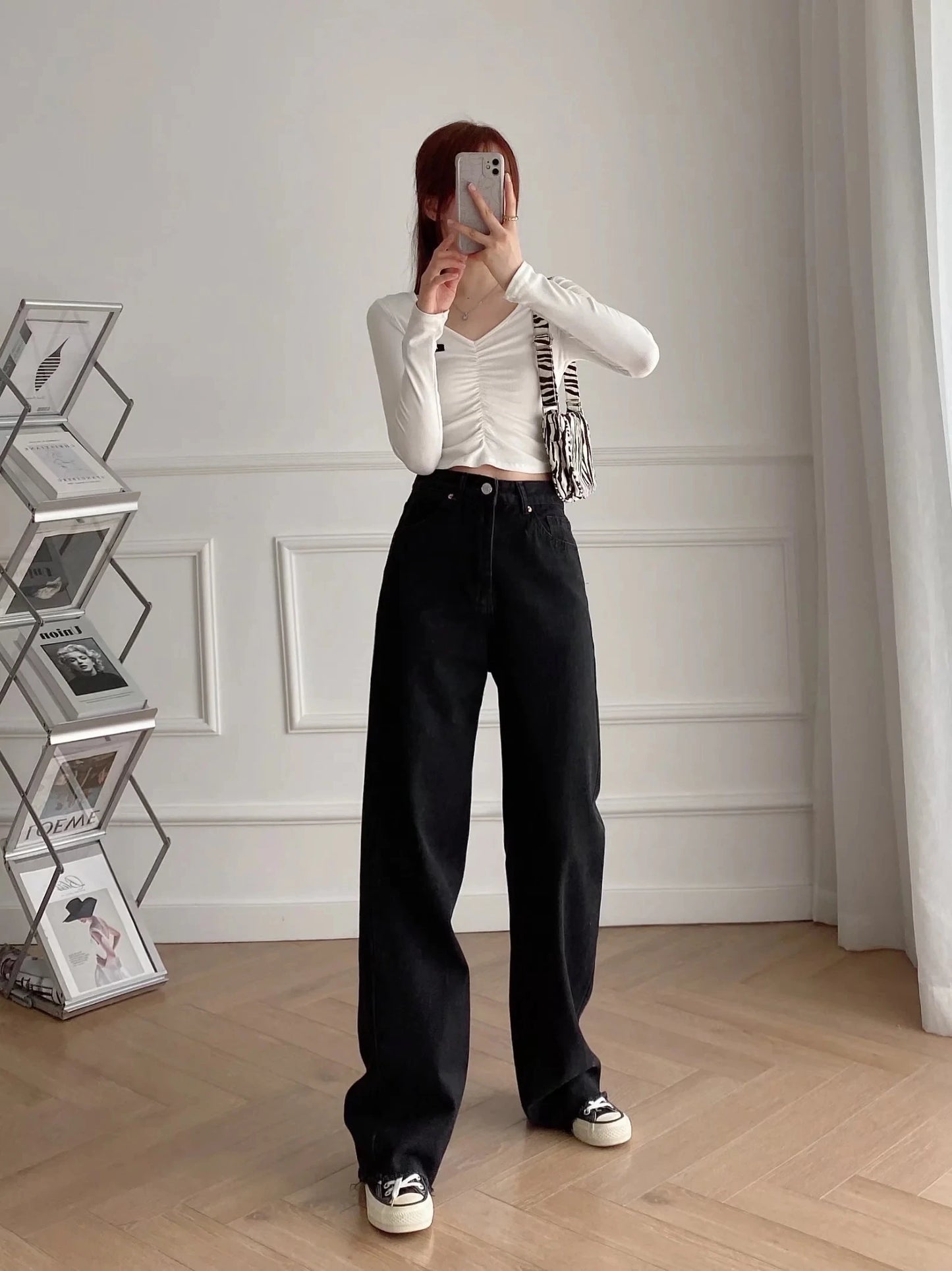 Woman High Waist England Street Vintage Wide Leg Pants BurrsJeans For Women Boyfriend