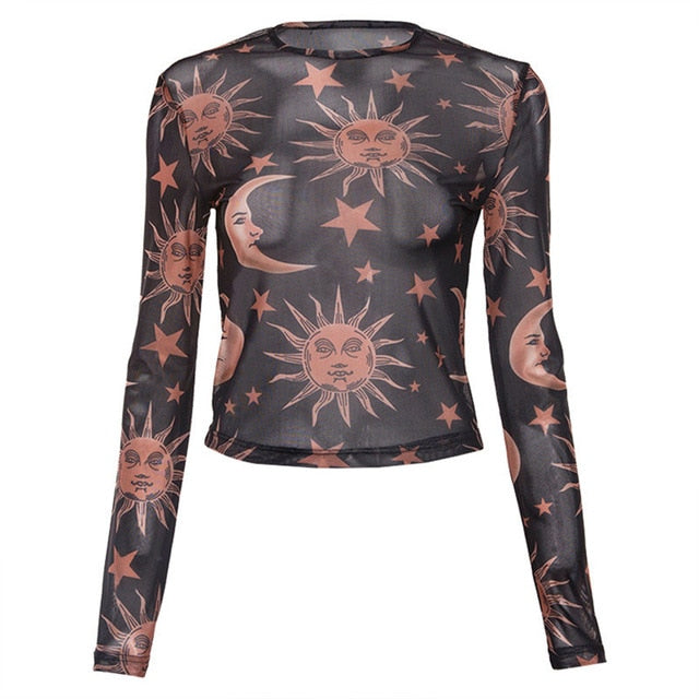 Sun Moon Printed Transparent Mesh T-Shirt Tops Women O-Neck Long Sleeve Slim Basic Tops Casual T shirts Party Club Top 19