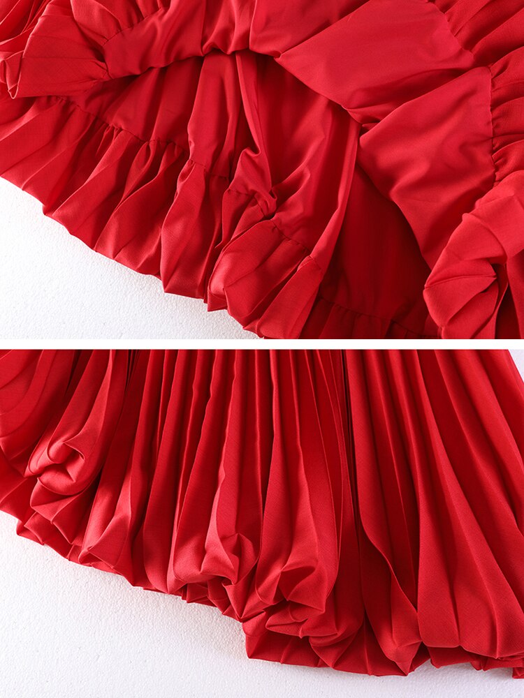 Red Ruched Skirt For Women High Waist A Line Irregular Hem Casual Designer Solid Midi Skirts Female Clothes Fashion