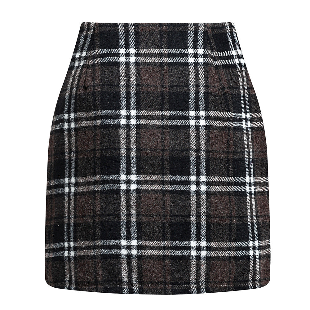 Women's high waisted plaid skirt tight pencil wool mini skirt