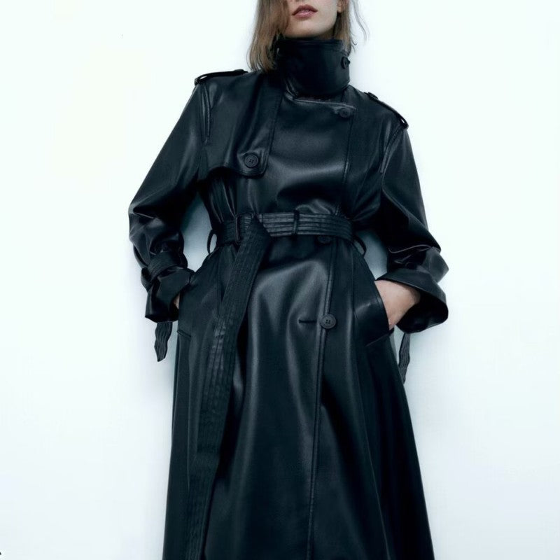 Autumn Winter Overcoat Women  Solid Color Belted Faux Leather Long Trench coat Female Outerwear