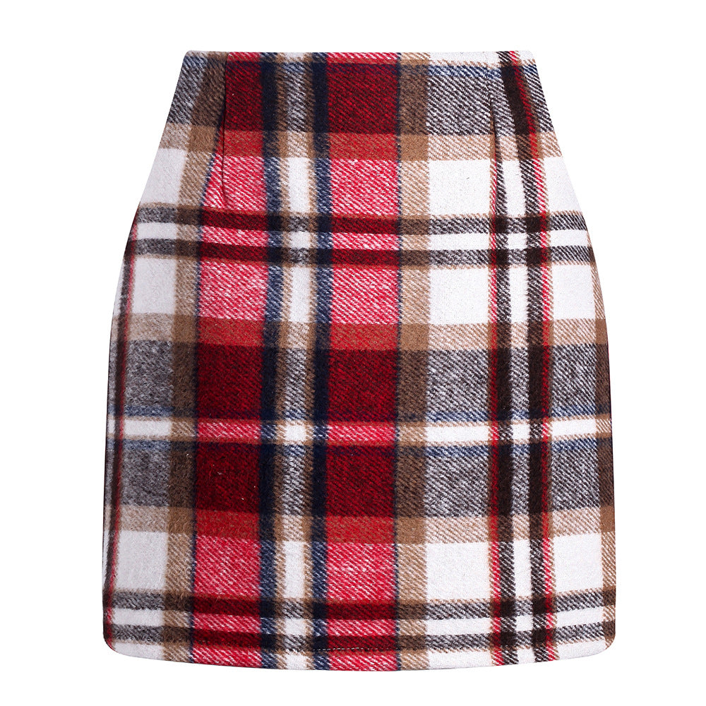 Women's high waisted plaid skirt tight pencil wool mini skirt