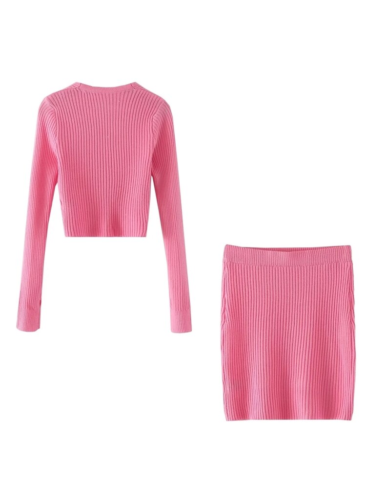 New Women's Pink Knitting V-Neck Long Sleeve Casual Slim Fit Short Sweater+Split Mini Skirt