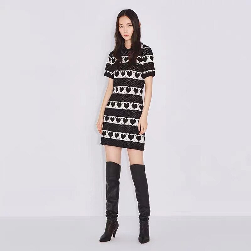 Sweater Dress Women O-Neck Short Sleeve Striped Love Heart Pattern Korean Fashion Traf Clothes Casual Bodycon Knit Mini Dresses