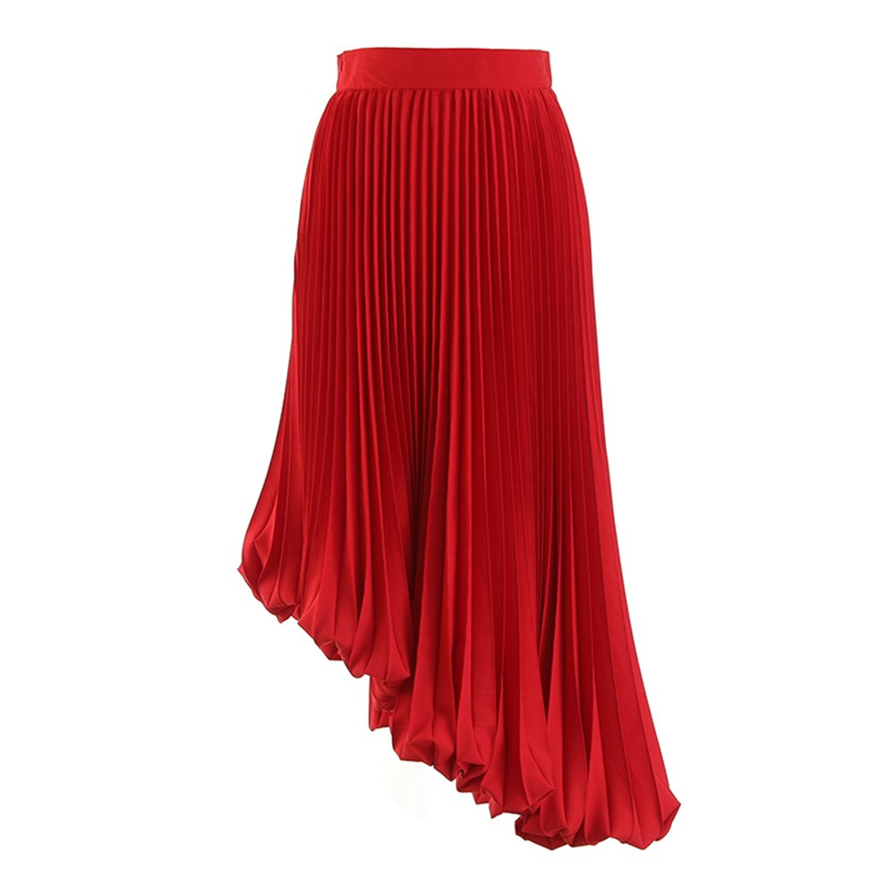 Red Ruched Skirt For Women High Waist A Line Irregular Hem Casual Designer Solid Midi Skirts Female Clothes Fashion