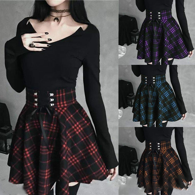 Plaid Print A Line Stitching Short Skirt Half Body Temperament Commuter Mid-Length Pleated Skirt College Style Skirt Lace Pleated Skirt