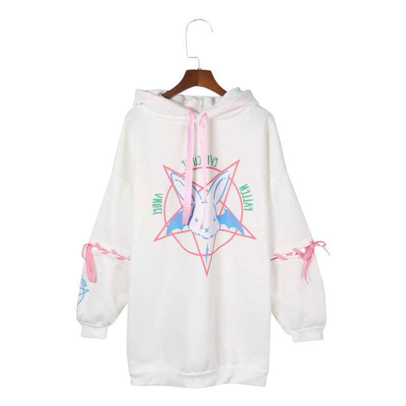 Harajuku Pentagram Print Lace Up Women Fleeces Hoodies Gothic Punk Oversize Velvet Hooded Sweatshirt Pullover Streetwear