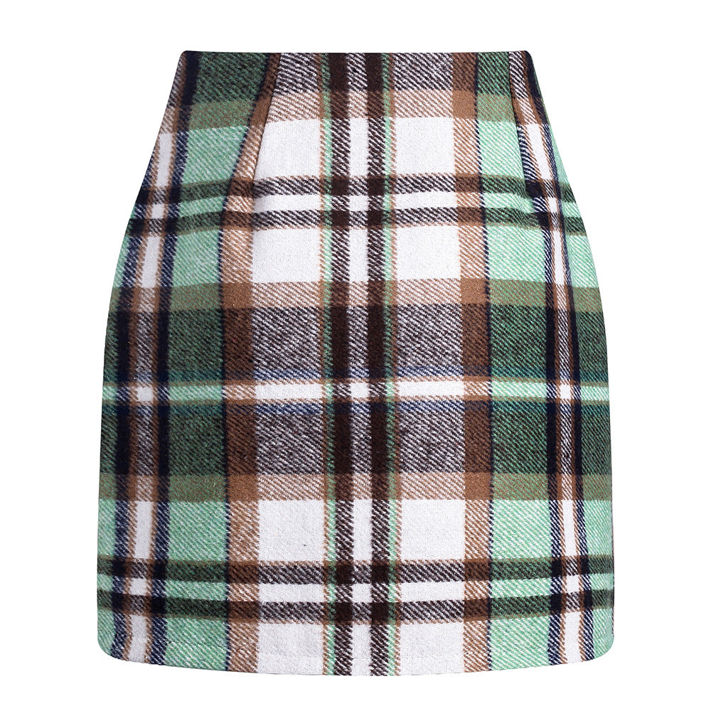 Women's high waisted plaid skirt tight pencil wool mini skirt