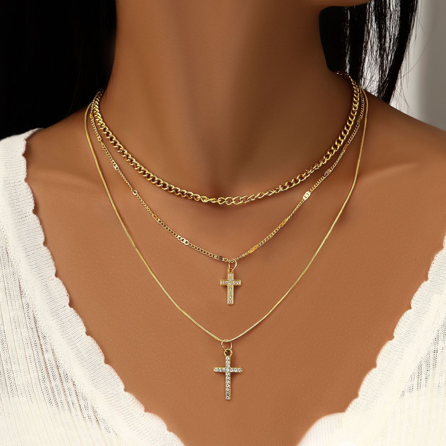 Full diamond cross pendant chain collarbone chain necklace with multiple layered layered necklace accessories