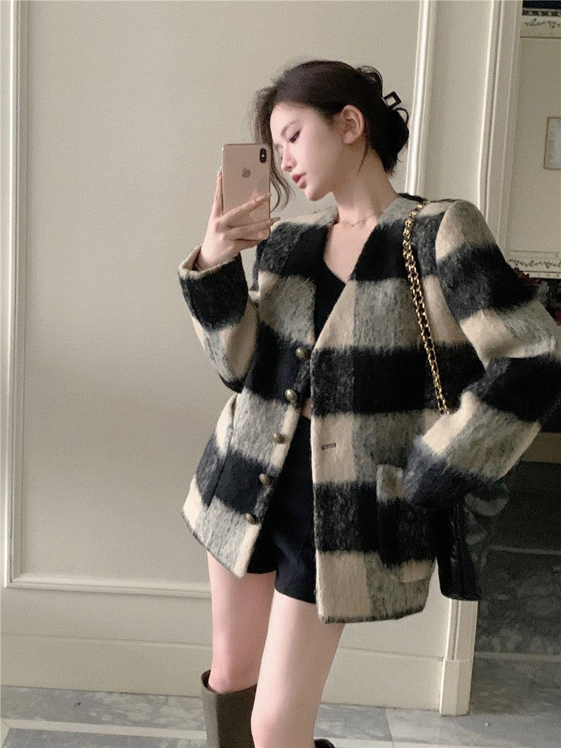 Plaid Spliced Design Woolen Coat For Women Long Sleeve V Neck Single Breasted Causal Loose Coats Female New Clothes